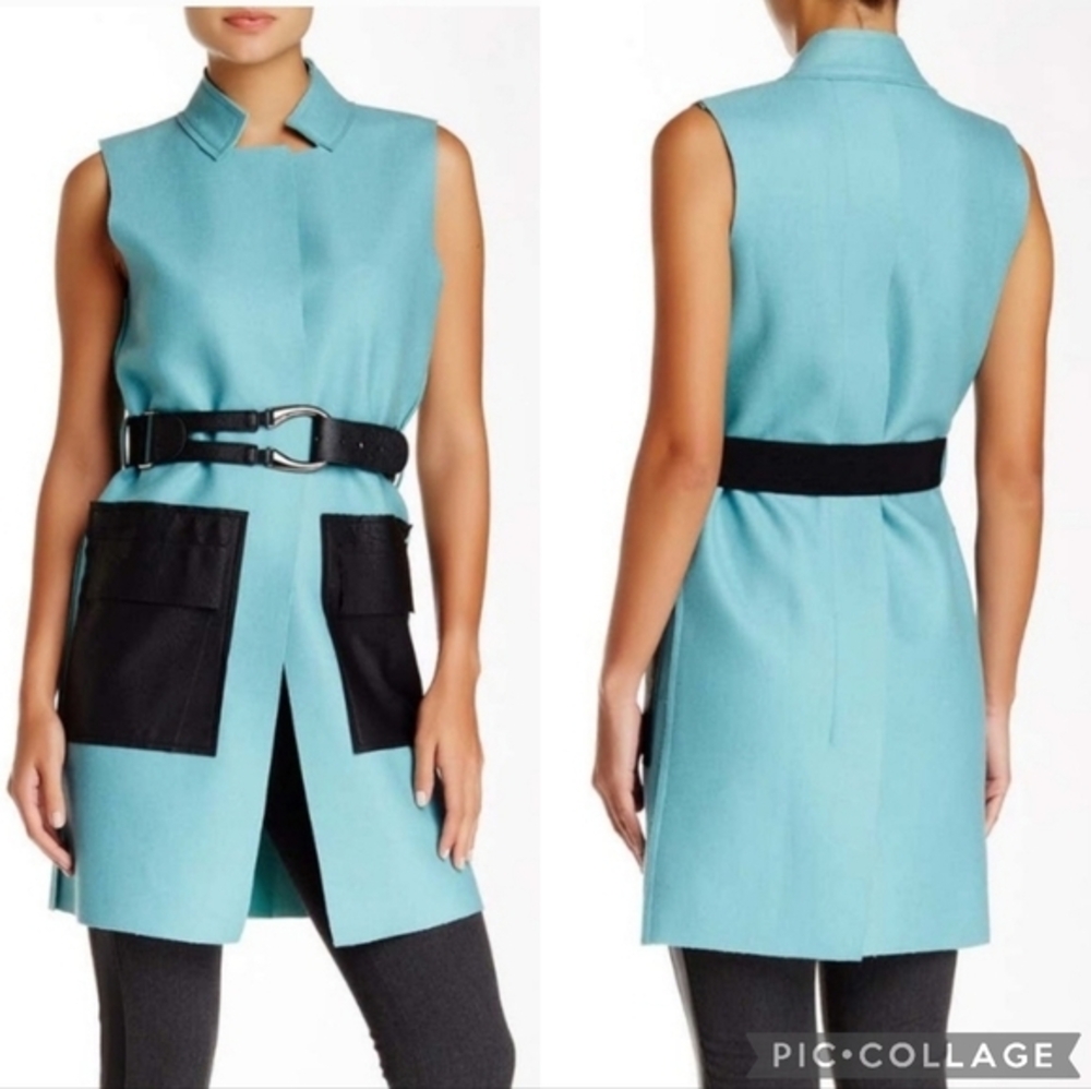NWT Gracia Women's Longline Belted Vest Size L Turquoise Blue Wool Blend FLAWED